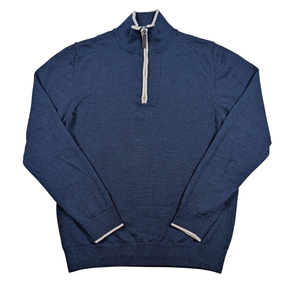 Hagen Carmel Quarter Zip Sweater Mens M Blue Extrafine Merino Wool Made in Italy